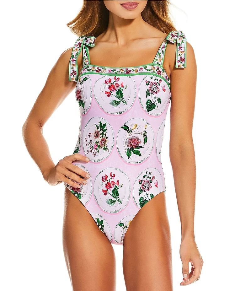 A Loves A Botanical Plates Reversible Border Print Tie Shoulder Bandeau One Piece Swimsuit