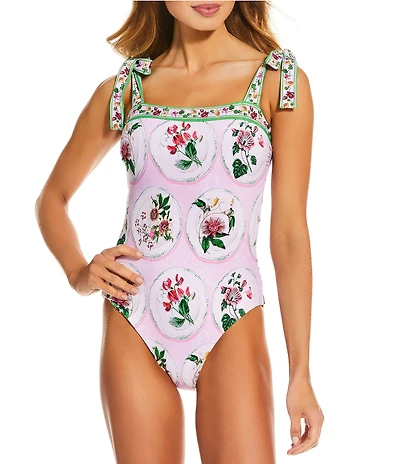 A Loves A Botanical Plates Reversible Border Print Tie Shoulder Bandeau One Piece Swimsuit