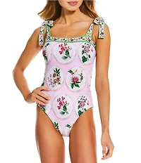 A Loves A Botanical Plates Reversible Border Print Tie Shoulder Bandeau One Piece Swimsuit