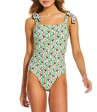 A Loves A Botanical Plates Reversible Border Print Tie Shoulder Bandeau One Piece Swimsuit