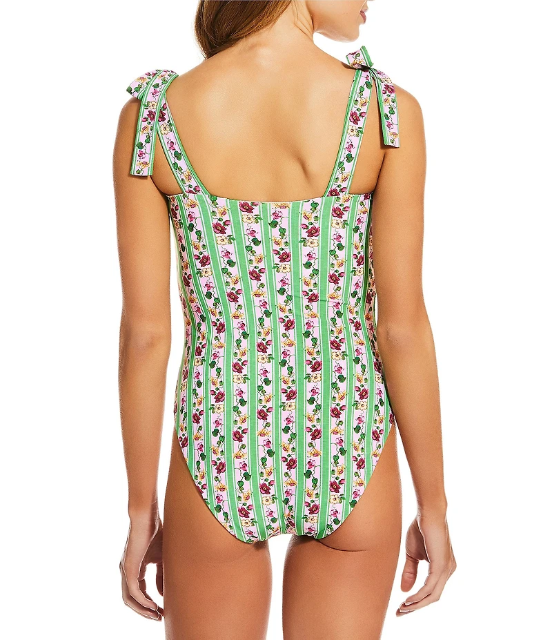 A Loves A Botanical Plates Reversible Border Print Tie Shoulder Bandeau One Piece Swimsuit