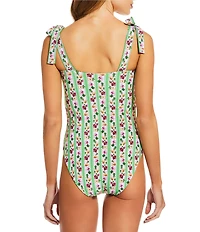 A Loves A Botanical Plates Reversible Border Print Tie Shoulder Bandeau One Piece Swimsuit