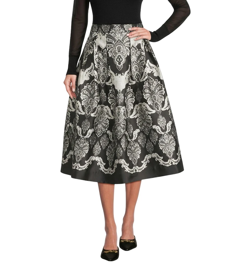 A Loves A Brocade Damask Print High Rise A-Line Flounce Midi Skirt