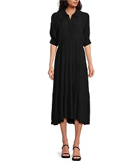 A Loves A Button Down Collar Short Balloon Cuff Sleeve Tiered Waistless Midi Shirt Dress