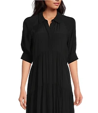 A Loves A Button Down Collar Short Balloon Cuff Sleeve Tiered Waistless Midi Shirt Dress