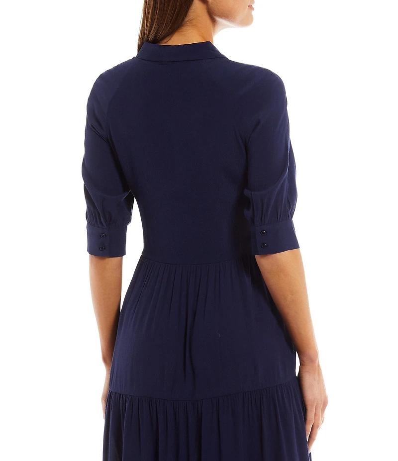 A Loves A Button Down Collar Short Balloon Cuff Sleeve Tiered Waistless Midi Shirt Dress