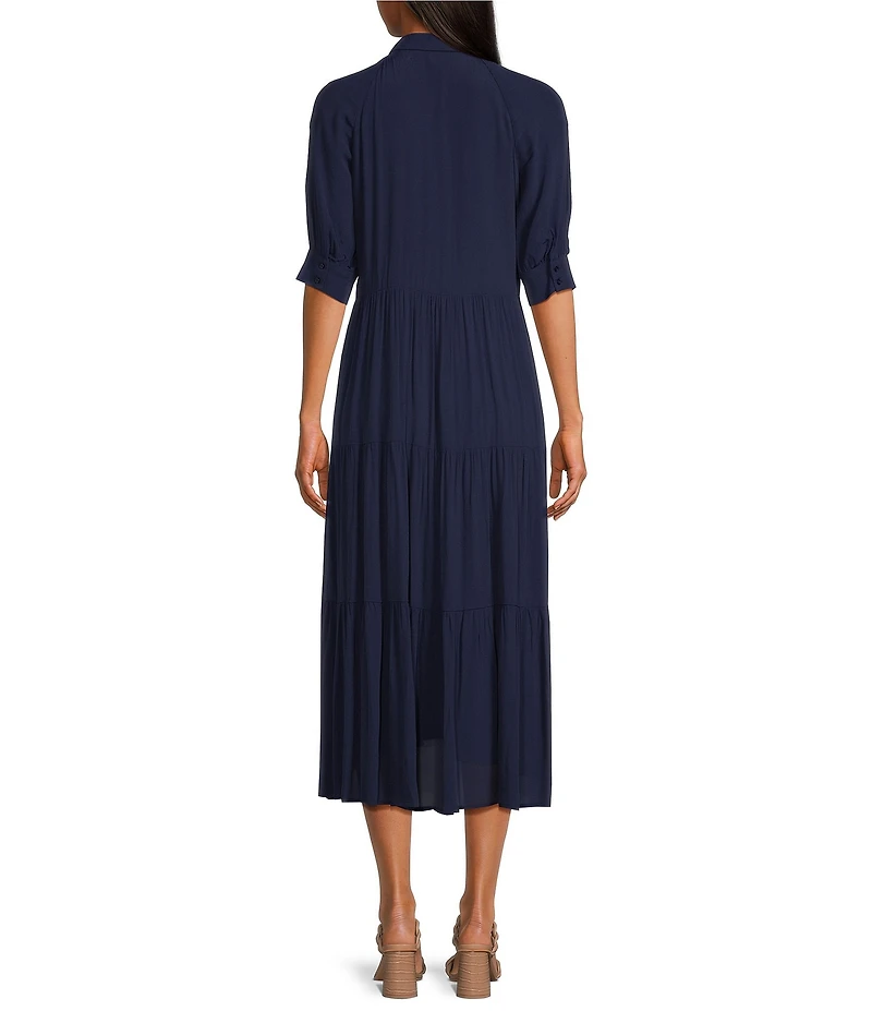 A Loves A Button Down Collar Short Balloon Cuff Sleeve Tiered Waistless Midi Shirt Dress