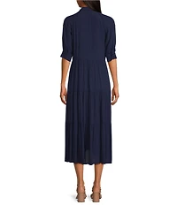 A Loves A Button Down Collar Short Balloon Cuff Sleeve Tiered Waistless Midi Shirt Dress