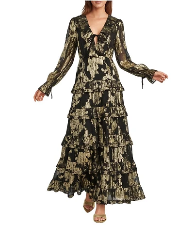 A Loves A Chiffon Floral Metallic Ruffle Trim Deep V-Neck Bow Front Long Balloon Tiered A-Line Flounce Maxi Dress