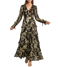 A Loves A Chiffon Floral Metallic Ruffle Trim Deep V-Neck Bow Front Long Balloon Tiered A-Line Flounce Maxi Dress