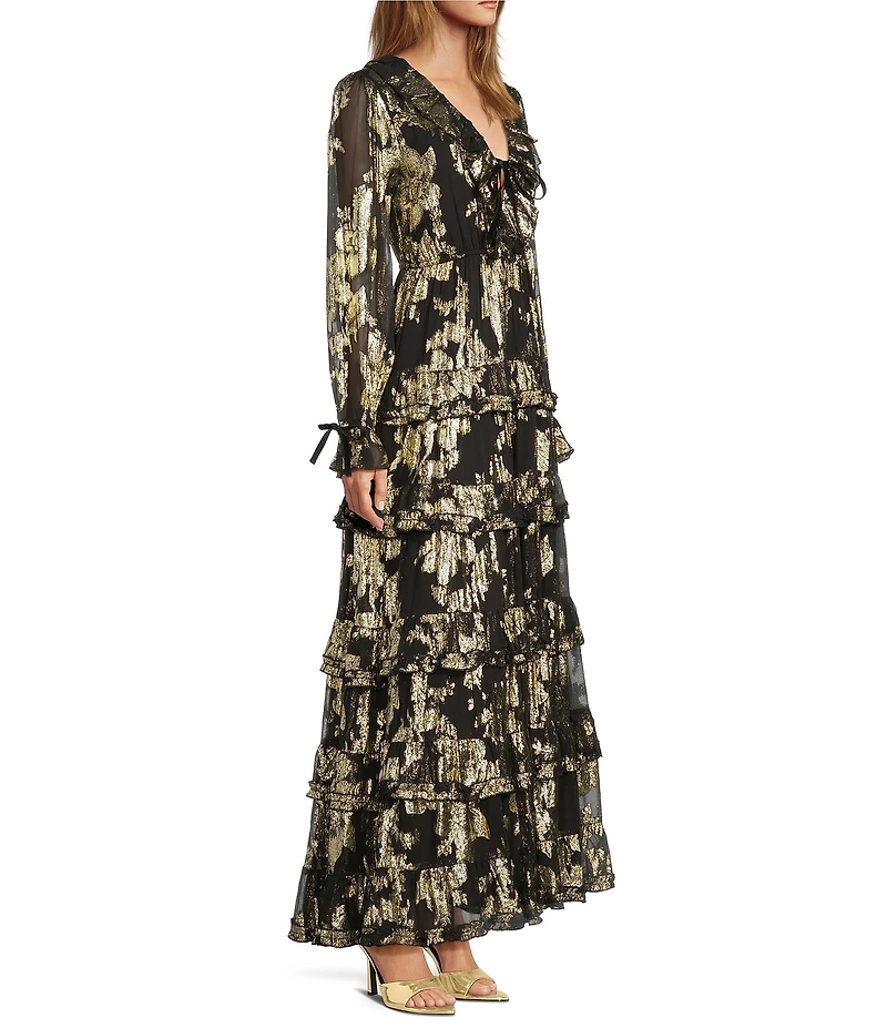 A Loves A Chiffon Floral Metallic Ruffle Trim Deep V-Neck Bow Front Long Balloon Tiered A-Line Flounce Maxi Dress