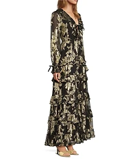 A Loves A Chiffon Floral Metallic Ruffle Trim Deep V-Neck Bow Front Long Balloon Tiered A-Line Flounce Maxi Dress