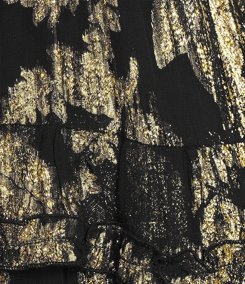 A Loves A Chiffon Floral Metallic Ruffle Trim Deep V-Neck Bow Front Long Balloon Tiered A-Line Flounce Maxi Dress