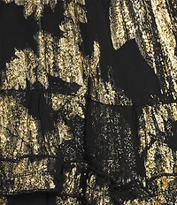 A Loves A Chiffon Floral Metallic Ruffle Trim Deep V-Neck Bow Front Long Balloon Tiered A-Line Flounce Maxi Dress