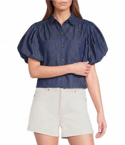 A Loves A Collared Short Bubble Sleeve Button Front Woven Top