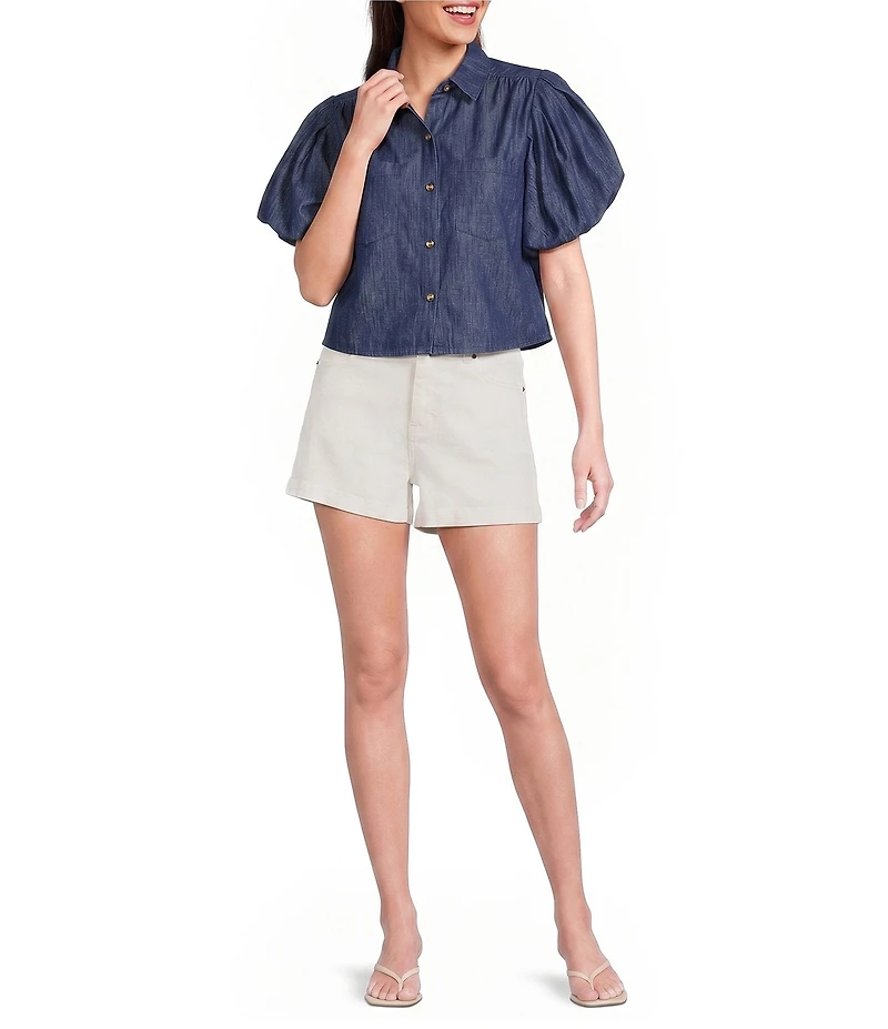 A Loves A Collared Short Bubble Sleeve Button Front Woven Top
