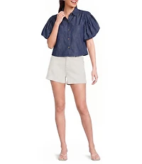 A Loves A Collared Short Bubble Sleeve Button Front Woven Top