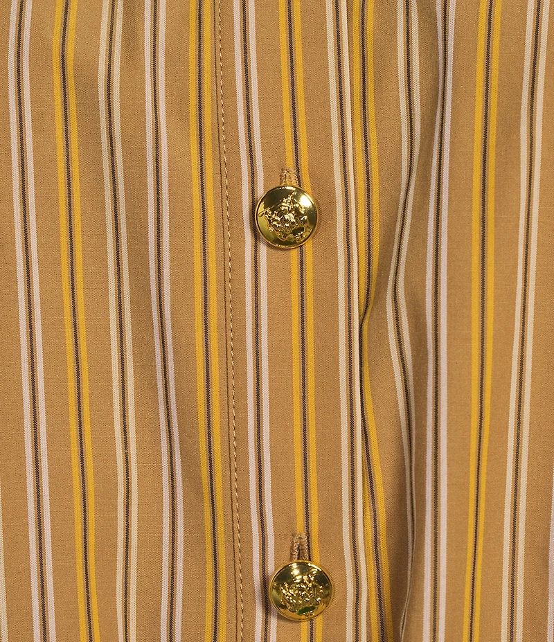 A Loves A Coordinating Pinstripe Point Collar Long Sleeve Button Front Cropped Bubble Hem Shirt
