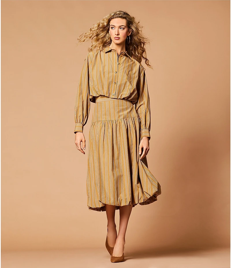 A Loves A Coordinating Pinstripe Point Collar Long Sleeve Button Front Cropped Bubble Hem Shirt