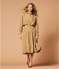 A Loves A Coordinating Pinstripe Point Collar Long Sleeve Button Front Cropped Bubble Hem Shirt
