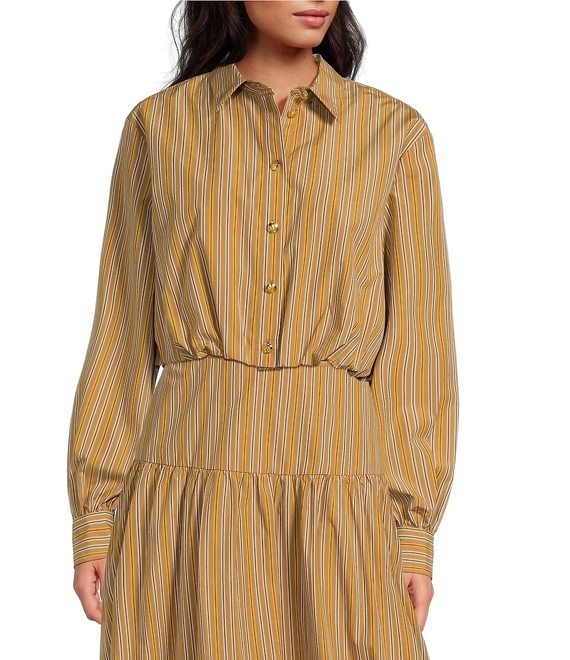 A Loves A Coordinating Pinstripe Point Collar Long Sleeve Button Front Cropped Bubble Hem Shirt