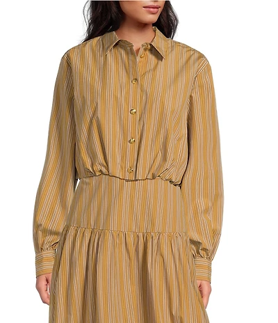 A Loves A Coordinating Pinstripe Point Collar Long Sleeve Button Front Cropped Bubble Hem Shirt