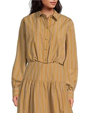 A Loves A Coordinating Pinstripe Point Collar Long Sleeve Button Front Cropped Bubble Hem Shirt