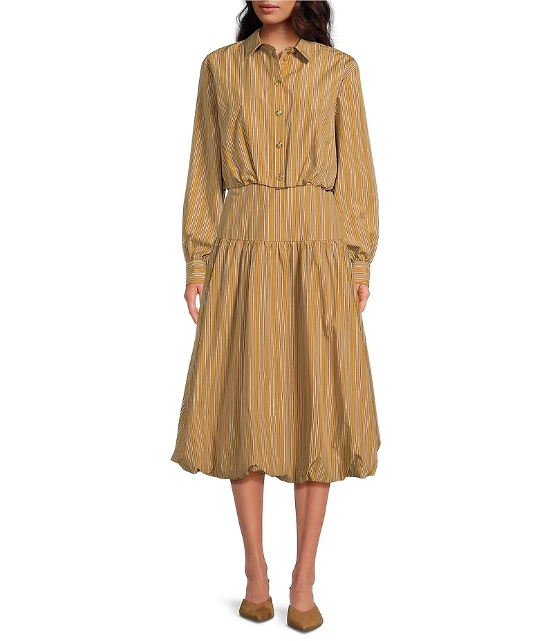 A Loves A Coordinating Pinstripe Point Collar Long Sleeve Button Front Cropped Bubble Hem Shirt