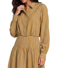 A Loves A Coordinating Pinstripe Point Collar Long Sleeve Button Front Cropped Bubble Hem Shirt
