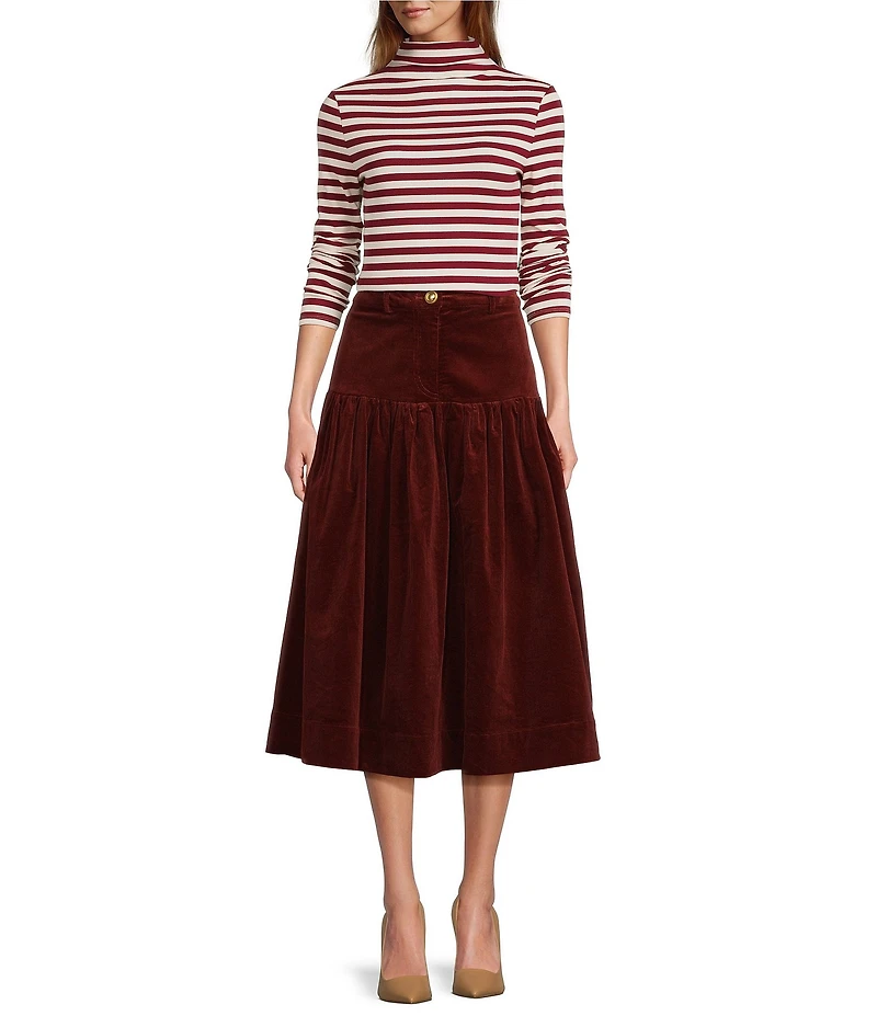 A Loves A Corduroy High Rise Drop Waist A-Line Flounce Midi Skirt