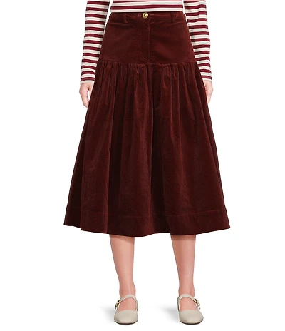 A Loves A Corduroy High Rise Drop Waist A-Line Flounce Midi Skirt