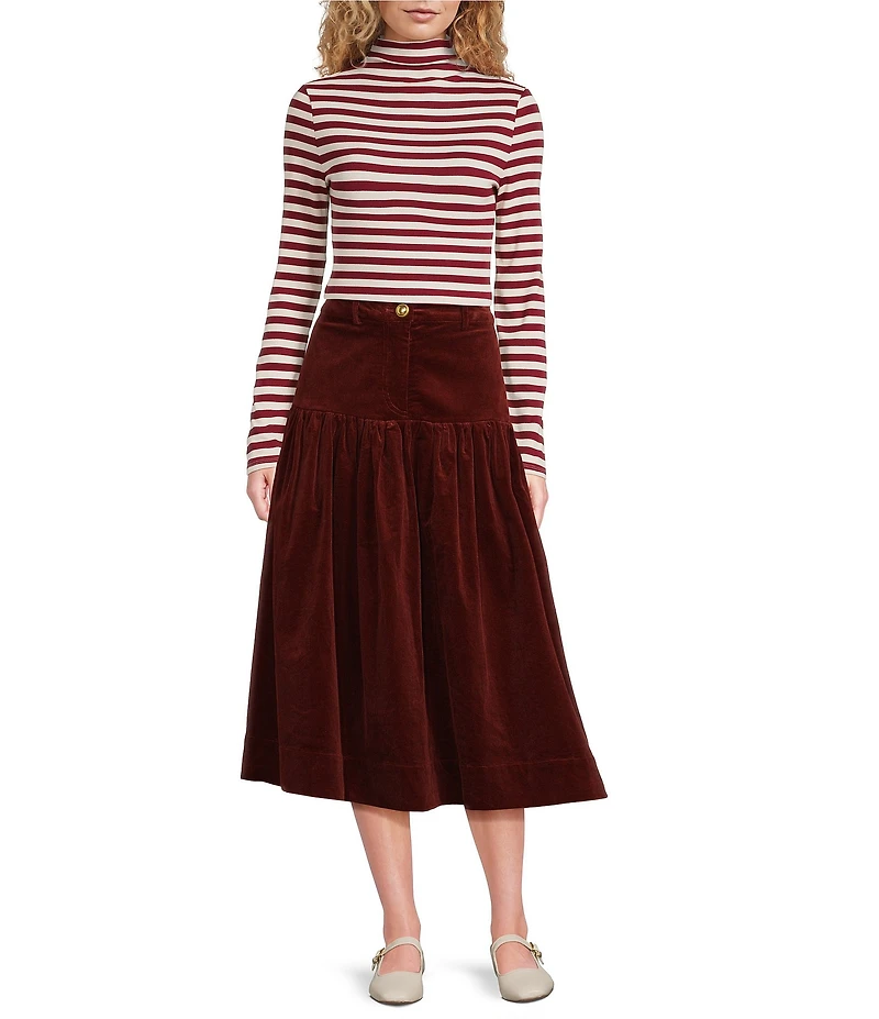 A Loves A Corduroy High Rise Drop Waist A-Line Flounce Midi Skirt