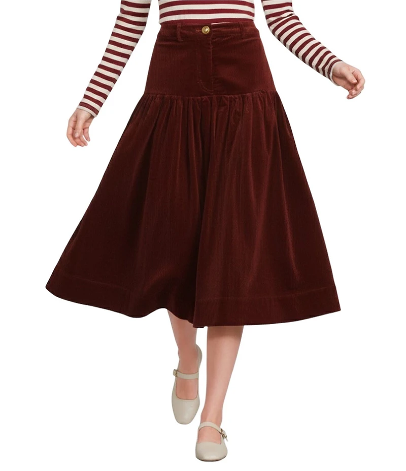 A Loves A Corduroy High Rise Drop Waist A-Line Flounce Midi Skirt
