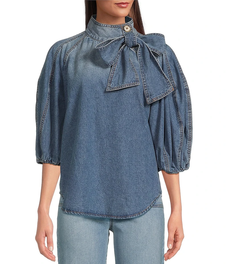 A Loves A Denim 3/4 Puffed Sleeve Pleated Shoulder Tie Neck Denim Top