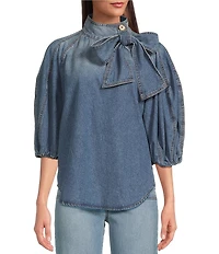 A Loves A Denim 3/4 Puffed Sleeve Pleated Shoulder Tie Neck Denim Top