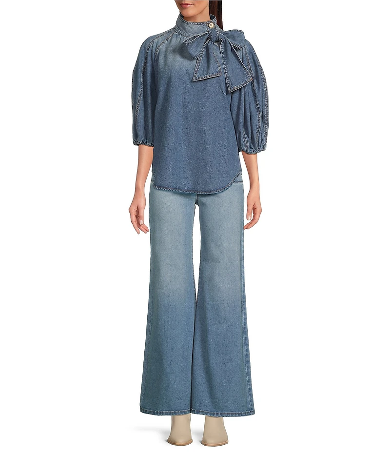 A Loves A Denim 3/4 Puffed Sleeve Pleated Shoulder Tie Neck Denim Top