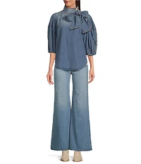 A Loves A Denim 3/4 Puffed Sleeve Pleated Shoulder Tie Neck Denim Top