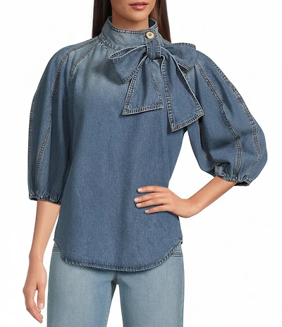 A Loves A Denim 3/4 Puffed Sleeve Pleated Shoulder Tie Neck Denim Top