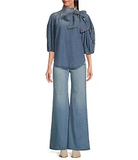 A Loves A Denim 3/4 Puffed Sleeve Pleated Shoulder Tie Neck Denim Top
