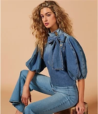 A Loves A Denim 3/4 Puffed Sleeve Pleated Shoulder Tie Neck Denim Top