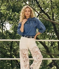 A Loves A Denim 3/4 Puffed Sleeve Pleated Shoulder Tie Neck Denim Top