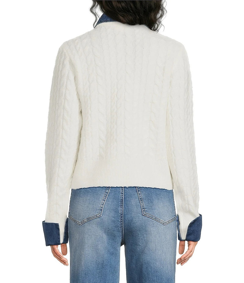 A Loves A Denim Cuffed Collared Long Sleeve Cable Knit Sweater
