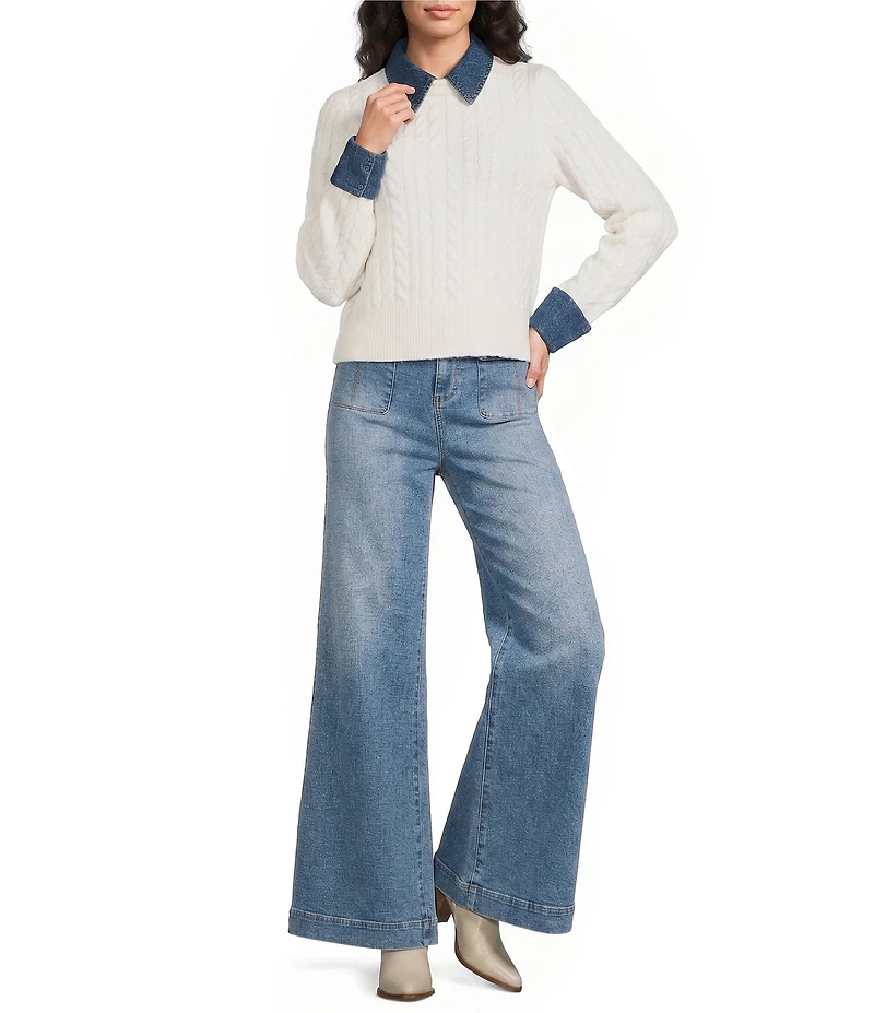 A Loves A Denim Cuffed Collared Long Sleeve Cable Knit Sweater