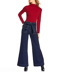 A Loves A Denim High Rise Bow Tie Waist Wide Flare Leg Full Length Jeans