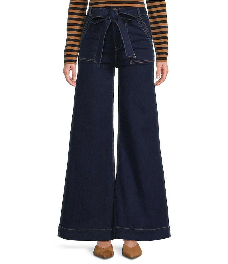 A Loves A Denim High Rise Bow Tie Waist Wide Flare Leg Full Length Jeans