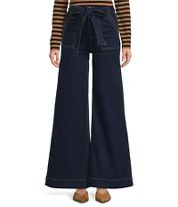 A Loves A Denim High Rise Bow Tie Waist Wide Flare Leg Full Length Jeans