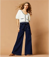 A Loves A Denim High Rise Bow Tie Waist Wide Flare Leg Full Length Jeans
