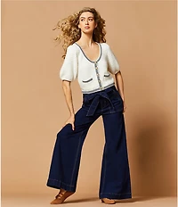 A Loves A Denim High Rise Bow Tie Waist Wide Flare Leg Full Length Jeans