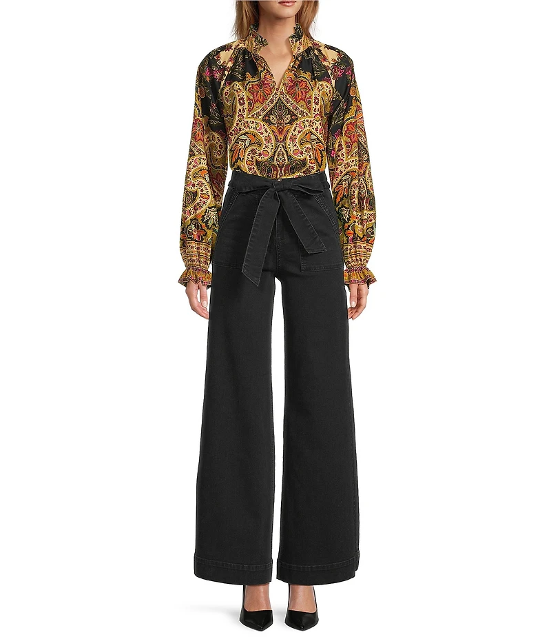 A Loves A Denim High Rise Tie Belt Waist Wide Straight Leg Jeans