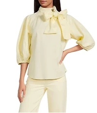 A Loves A Denim Neck Tie 3/4 Puffed Sleeve Pleated Shoulder Top